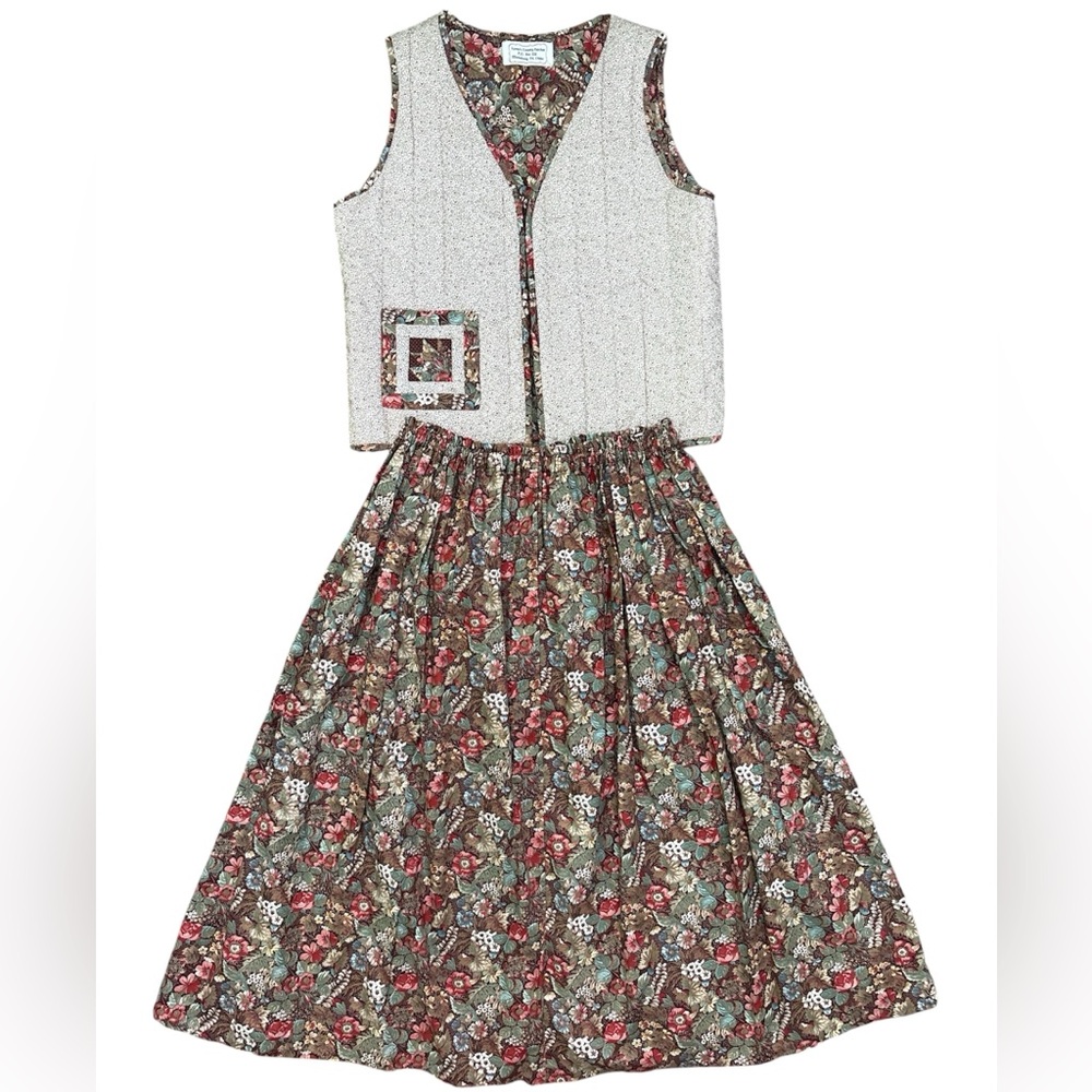 Handmade Vintage Quilted Vest and Floral Skirt Set with Patchwork Detail - Small